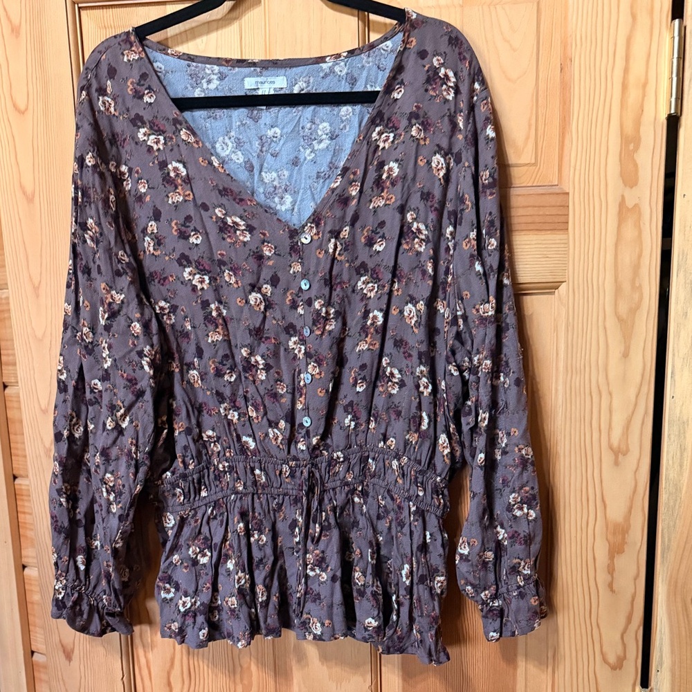 Maurices Brown Floral Button-Front Peplum Blouse